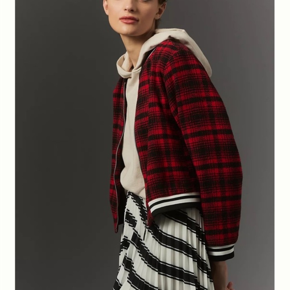Maeve Red and Black Plaid Bomber Jacket
